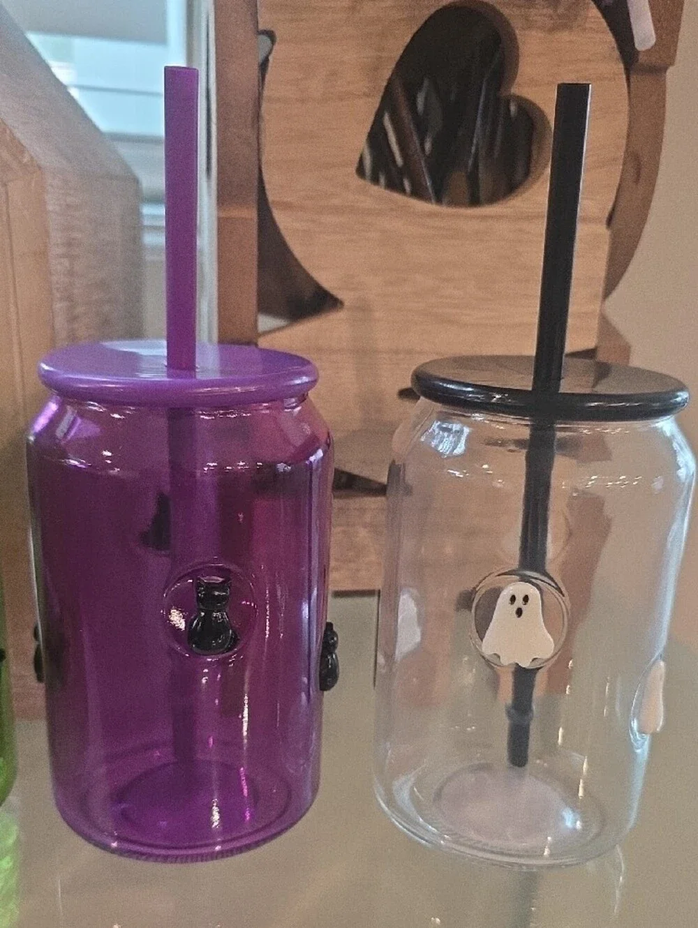 4 Halloween Glass Tumbler Cup Set - Orange, Green, Purple, Clear